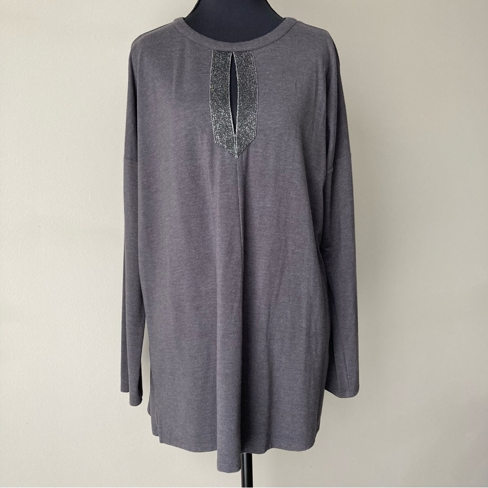 J. Jill Long Tunic Top Keyhole Subtle Shimmer Sparkle Detail Dark Gray Small - Picture 1 of 10